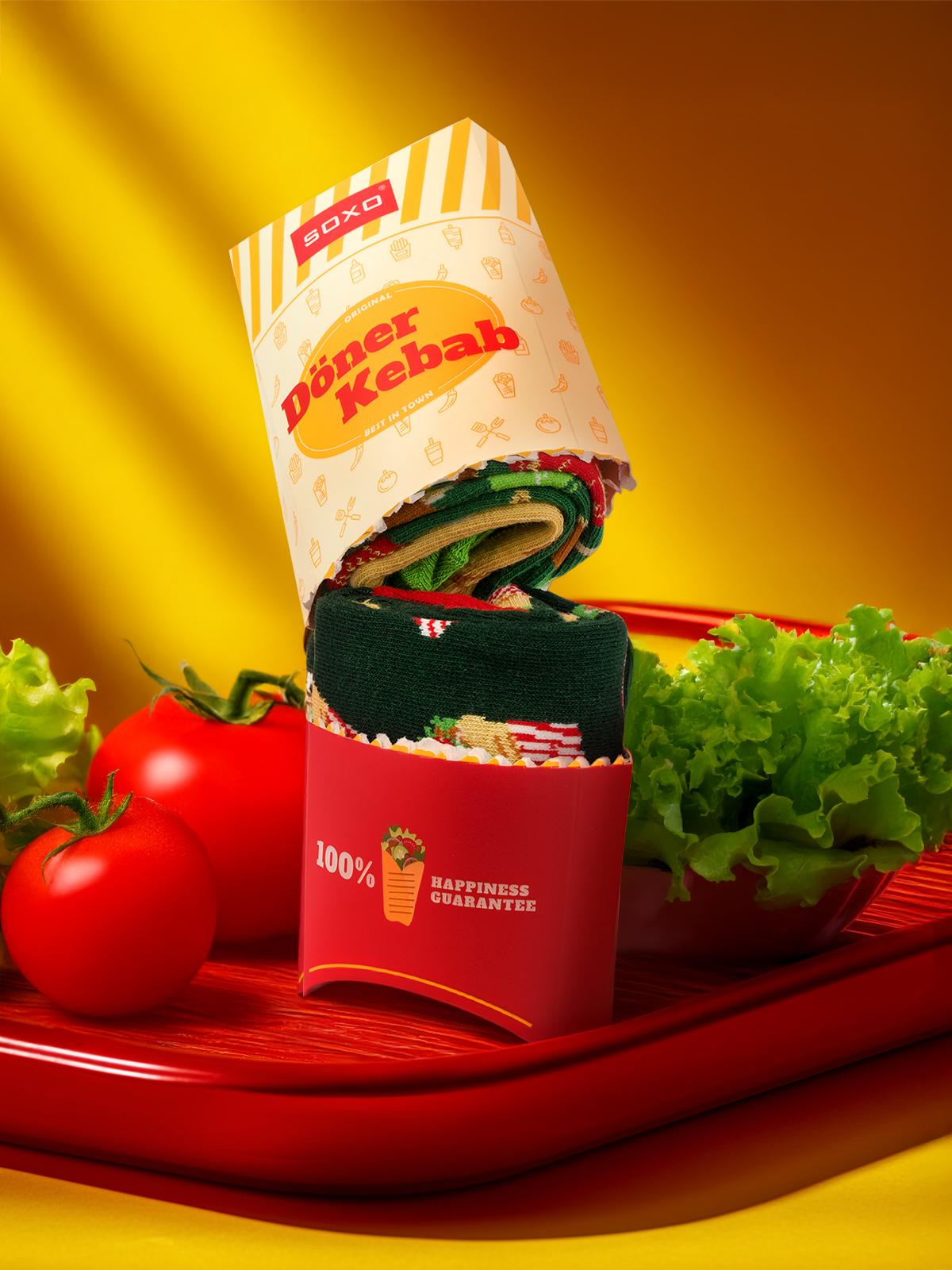 Zdjęcie przedstawiające skarpetki w opakowaniu z motywem kebab